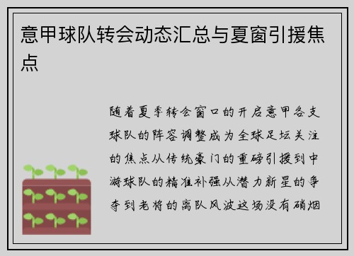 意甲球队转会动态汇总与夏窗引援焦点